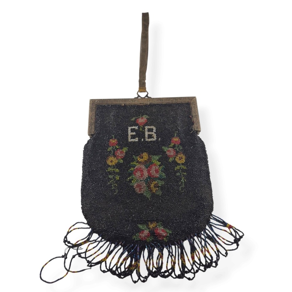 Antique Victorian Micro Beaded Purse Velvet Lining Monogram EB Double Sided 9"